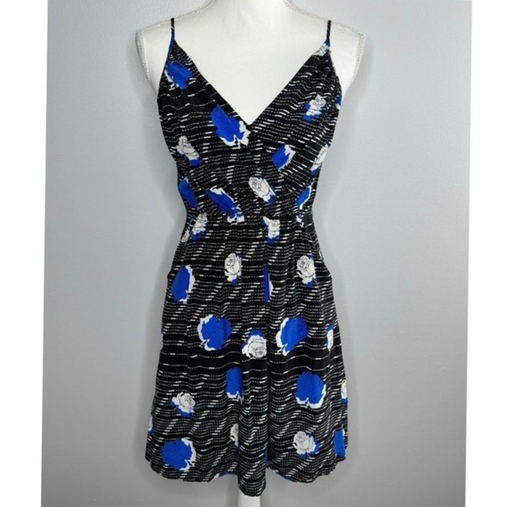 Yumi Kim Silk Dress Small Floral Print Black Blue Spaghetti Strap V-Neck Mini